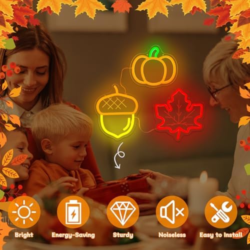 Thanksgiving Neon Signs for Wall Decor 3-Piece Fall Window Lights Dimmable Maple Leaf Acorn Pumpkin Led Sign Fall Autumn Harvest Neon Gifts Decorations - Image 6