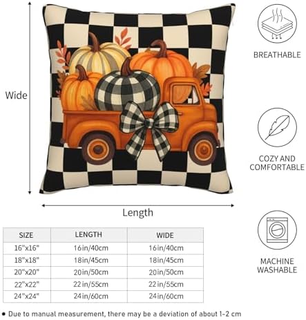 KiuLoam Vintage Fall Thanksgiving Pillow Covers 22x22 Set of 2, Orange Pumpkin Farm Truck Black Checkered Print Decorative Throw Pillow Cases for Living Room Sofa - Image 5