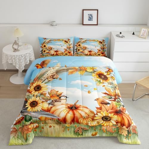 Twin Size Thanksgiving Comforter Set Sunflower Accessories Bedding, Kids Fall Decorations for Home Bedding Comforter Sets Autumn Decorations Fall Leaves Duvet Insert 2Pcs for Boys Girls Adults - Image 2