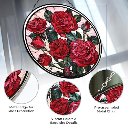 Valentine Rose Stained Glass Window Hanging Suncatcher, Gothic Christmas Ornaments for Fiction Lovers, Dinosaur Room Decor for Nursery New Home Gifts - Image 3