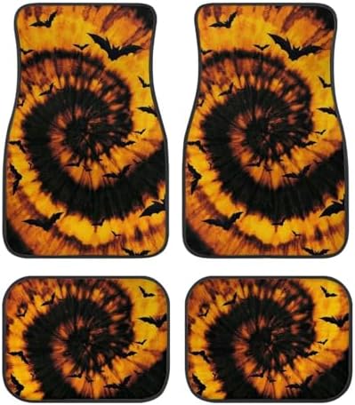 Orange Black Tie Dye Bat Print Funny Halloween Car Floor Mats 4 PCS, Cute Durable Interior Accessories for Car SUV, All Weather Floor Mats with Front Rear Trunk Liners Set for Party