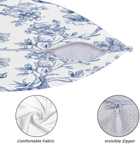 KiuLoam Blue and White Pillow Covers 22x22 Inch Set of 2, Chinoiserie Floral Bird Rustic Decorative Throw Pillows, Vintage Farmhouse Outdoor Square Cushion Cases for Sofa Couch Bed Home Decor - Image 5