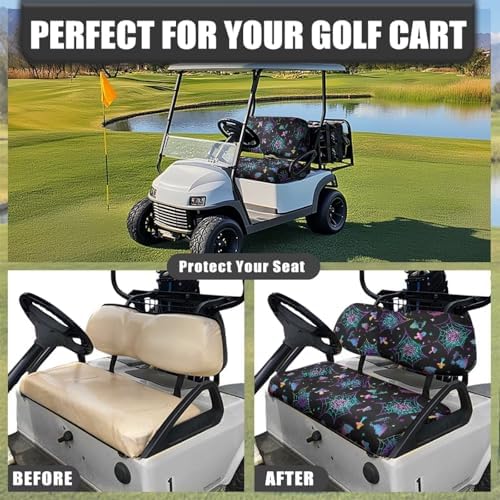 Yewatlles Colorful Halloween Web Mushroom Cart Waterproof Seat Covers,Smooth and Simple,No Stapler Required, Fits Golf Car, Club Car, Polyester Replacement Seat Cover Workout