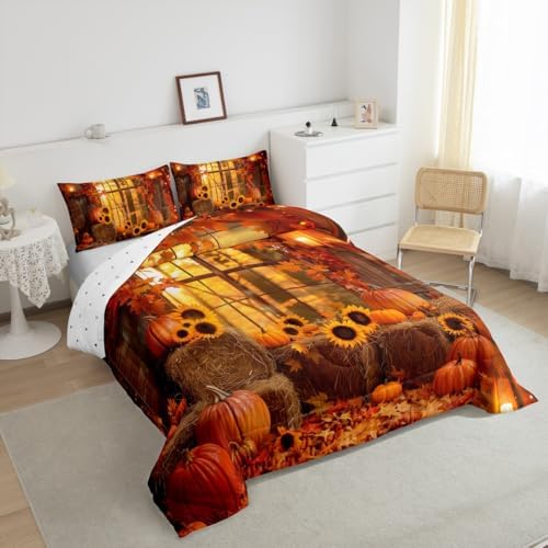Feelyou Fall Bedding Set for Girls Boys Kids Twin Size Maple Leaves Comforter Cover Room Decor Pumpkin Daisy Duvet Cover Dark Orange Quilt Set - Image 2