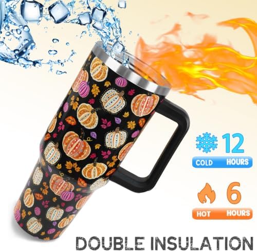 Fall Tumbler with Handle Thanksgiving 40oz Colorful Pumpkin Coffee Travel Mug Autumn Stainless Steel Insulated Cups Cute Fall Thanksgiving Decor Gifts - Image 4