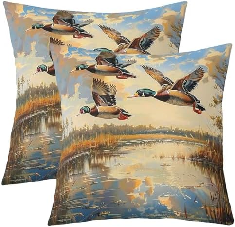 Mallard Duck Double Sides Print Pillow Covers 2 Pack,Rustic Cabin Farmhouse Lake Animal Throw Pillow Case Covers,Hunting Fishing Wild Bird Natural Cushion Covers,18"x18" by Manfei