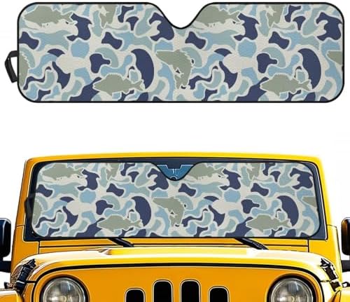 Renewold Fish Camo Car Windshield Sun Shade Auto Sunshade Fit for Jeep Wrangler JK JKU JL JLU Front Window Sun Shield Sun Visor for Jeep Gladiator JT 2020-2023 Summer Keep Cool Interior Accessories