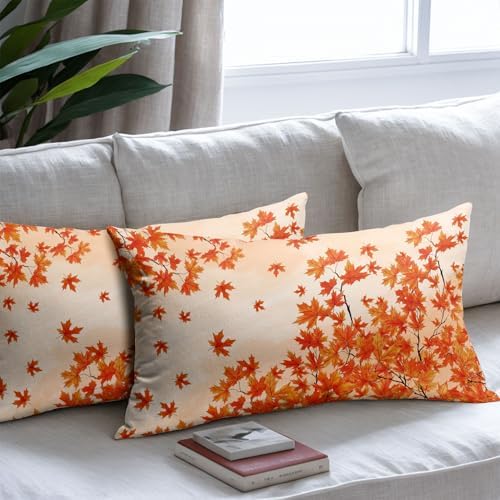 Fall Maple Leaves Throw Pillow Covers 12x20 Set of 2 Thanksgiving Orange Leaf Pillow Covers Autumn Foliage Watercolor Pillowcase for Kitchen Sofa Outdoor Couch Bedroom Living Room Decoration - Image 7