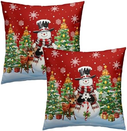 Xmas Tree Winter Snowman Red Throw Pillow Covers 22X22 Inches Set of 2 Xmas Snowflake Pillowcase Soft Cotton Square Seasonal Cushion Covers for Living Room Sofa Bedroom Decor - Image 2