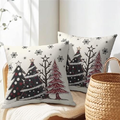 Sweetshow Black Grey Red Xmas Tree Pillow Covers 22x22 Inches Winter Snowflake White Throw Pillow Case Set of 2 Xmas Pillows Cotton Linen Cushion Cover for Home Couch Sofa Livingroom - Image 5