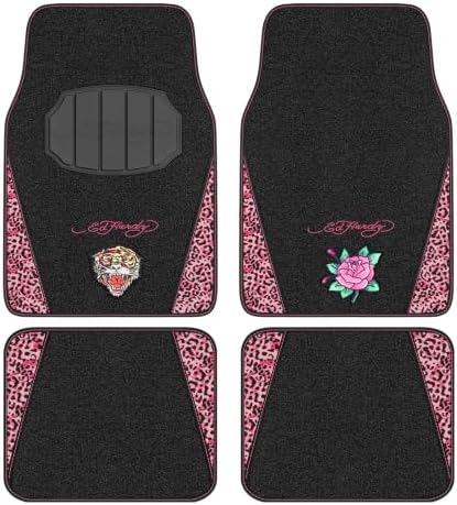 ED HARDY Tiger Print Car Floor Mats, Carpet Floor Mats with Pink Leoprad Design, Automotive Car Mats with Built-in Heel Pad & Anti-Slip Backing, Fits Most Cars, SUVs & Trucks, Durable & Odorless