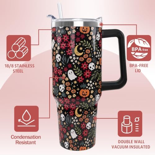 Halloween Tumbler with Handle 40oz Fall Cute Ghost Skull Flowers Coffee Travel Mug Stainless Steel Insulated Cups Halloween Fall Aesthetics Decor Gifts - Image 6