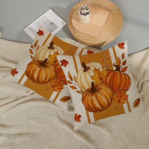 Fall Orange White Pumpkin Pillow Covers 18x18 Set of 2 Stripes - Image 6