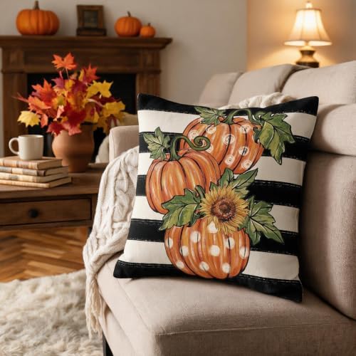 Fall Thanksgiving Pillow Covers 18x18 Set of 2, Autumn Polka Dot Pumpkin Sunflower Print Striped Decorative Throw Pillow Cases Holiday Outdoor Harvest Seasonal Farmhouse Decor for Sofa Couch Bed - Image 4