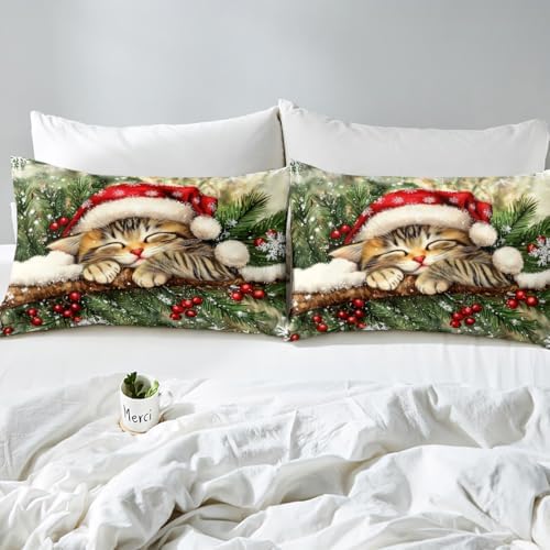 Manfei Xmas Cat Kids Duvet Cover Set Full Size,Snowflake Holly Berries Winter Girls Boys Bedding Set,Merry Christmas Poinsettia Animal Room Decor,Green Yellow Quilt Cover,2 Pillowcases(No Comforter) - Image 7