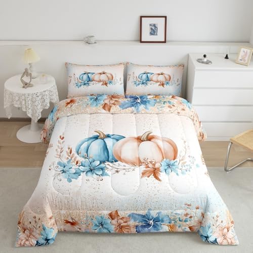 Erosebridal Blue Fall Decor Bedding Sets Queen - Autumn Fall Pumpkin Comforter Set for Kids Adults Eucalyptus Flowers Duvet Insert Thanksgiving Harvest Farmhouse Quilt - Image 2