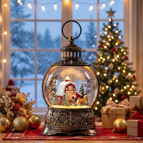 Christmas Snow Globes Christmas Water Lantern with Carriage Red barn Farm Scene Music & 6H Timer USB Lined/Battery Operated Lighted Lanterns for Xmas Festival Decoration - Image 7