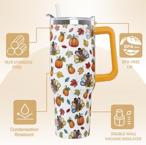 Thanksgiving Tumbler 40 oz Fall Cute Turkey Pumpkin Coffee Travel Mug Stainless Steel Insulated Cups Fall Water Bottle Thanksgiving Decor Gifts for Women - Image 6