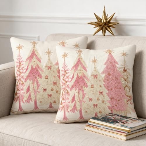 Pink Christmas Pillow Covers 18x18 Set of 2, Rose Gold Xmas Tree Print - Image 6