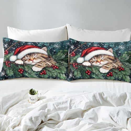 Manfei Cute Cat Kids Duvet Cover Set Queen Size,Winter Holly Berries Snowflake Girls Boys Bedding Set,Animal Merry Christmas Poinsettia Room Decor,Dark Green Quilt Cover,2 Pillowcases(No Comforter) - Image 7