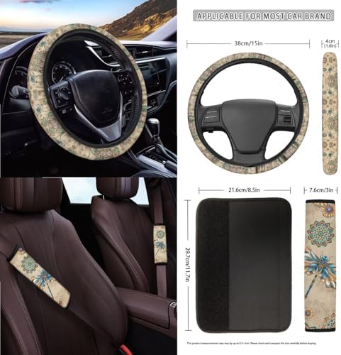 15Pcs Car Seat Cover Full Set Car Steering Wheel Cover Seat Belt Cover Trash Bin Air Vent Storage Box Front Rear View Mirror Car Cup Holder Keychain, Dragonfly Boho Mandala Beige