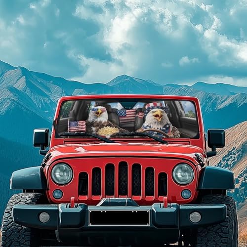 Renewold Funny Eagle Driving Car Windshield Sunshade for Jeep Wrangler JK JKU JL JLU 2/4 Door Gladiator JT Blocks UV Heat Sunlight Easy Install Front Windshield Sun Shade Window Visor Cover Sun Shield