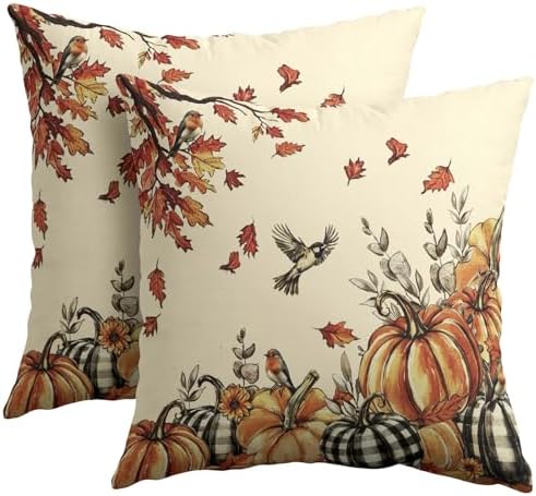 Fall Robin Pumpkin Throw Pillow Covers 16x16 Set of 2 Thanksgiving Harvest Maple Leaves Pillow Covers Buffalo Plaid Pumpkin Watercolor Foliage Pillowcase for Kitchen Outdoor Couch Room Decoration - Image 2