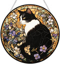 Art Nouveau Floral Tuxedo Cat Stained Glass Window Hanging, Colorful Art Nouveau Floral Cat Sun Catchers Glass Panel Blue Suncatcher Decor for Birthday for Women, Men, Wife, Aunt, and Mom by 365CUSGIFTS