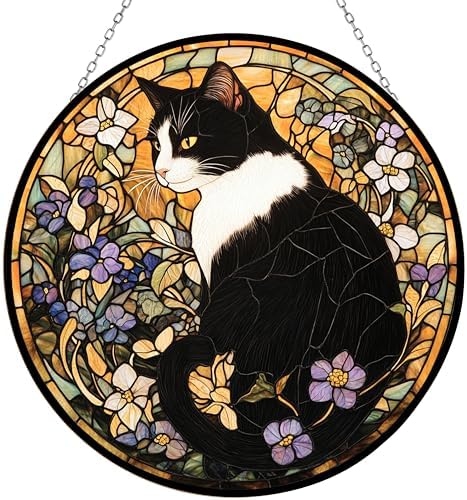 Art Nouveau Floral Tuxedo Cat Stained Glass Window Hanging, Colorful Art Nouveau Floral Cat Sun Catchers Glass Panel Blue Suncatcher Decor for Birthday for Women, Men, Wife, Aunt, and Mom by 365CUSGIFTS