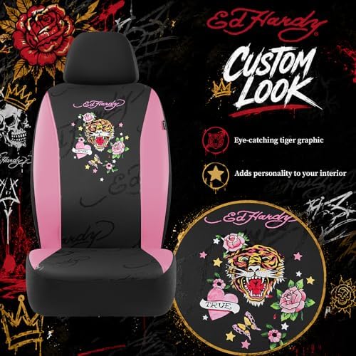 ED HARDY Tiger Print Car Seat Covers, Pink Premium Leather Front Seat Covers, Universal Fit Automotive Covers for Most Cars, Trucks & SUVs, Airbag Compatible, Waterproof, Scratch Resistant