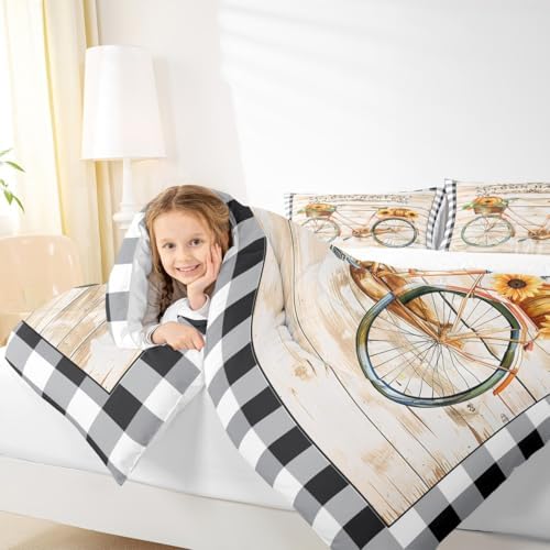 Autumn Pumpkin Quilt Set King Size,Halloween Geometric Plaid Comforter Set for Kids Teens Adults Room Decor,Rustic Farmhouse Plaid Bedding Set Vintage Bike Bedspread 3pcs with 2 Pillowcases - Image 3