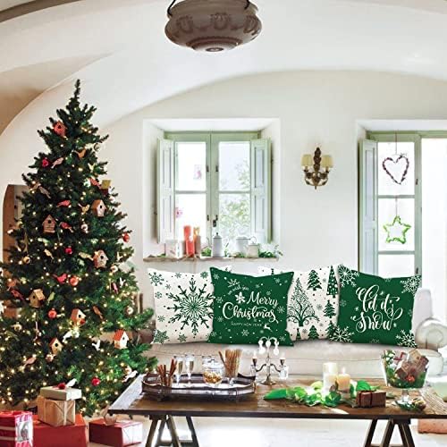 Lanpn Christmas Throw Pillow Covers 20x20 Set of 4, Merry Christmas Winter Xmas Snowflake Decorative Holiday Cushion Pillow Cases 20 x 20 for Outdoor Indoor Farmhouse Home Room Couch Decor (Green) - Image 4