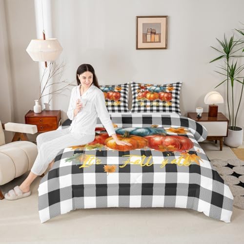 Erosebridal Pumpkin Fall Bedding Set Twin Size Buffalo Grid Comforter Set Autum Maple Leaves Down Comforter Black White Lattice Quilt Set Lightweight 2 Pieces Bedroom Decor for Kids Boys Adults - Image 2