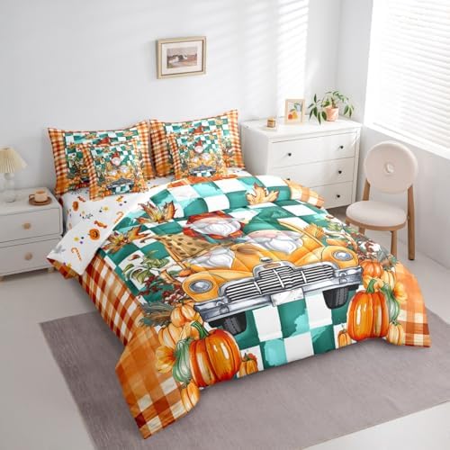 Fall Gnome King Comforter Set 7 Piece,Autumn Fall Leaves Bed in a Bag,Thanksgiving Pumpkin Santa Dwarf Bedding Sets with 1 Comforter,2 PillowShams,2 Pillowcases,1 Flat Sheet,1 Fitted Sheet - Image 2