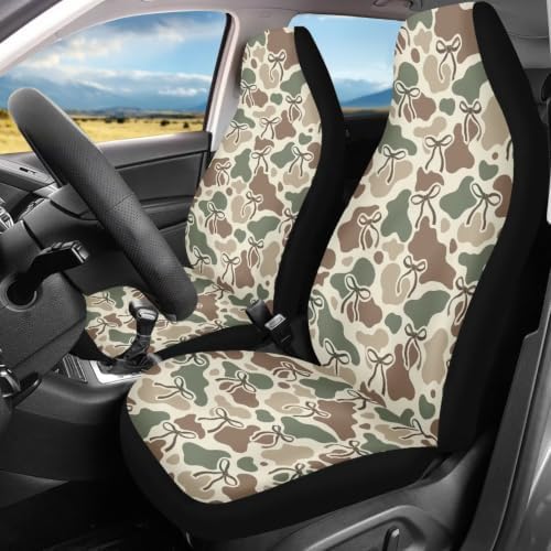 BIGCARJOB Camo Car Seat Cover Set for Women Knot Auto Interior Accessories Vehicle Bucket Seat Pad Fit Most Vehicle Cars Sedan