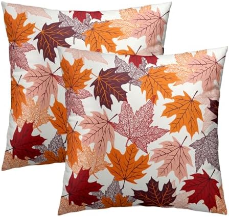 Sweetshow Fall Leaves Throw Pillow Covers 12X12 Inches Set of 2 Thanksgiving Autumn Harvest Maple Leaf Pillowcase Soft Cotton Square Cushion Covers for Home Sofa Bedroom Decoration by Sweetshow