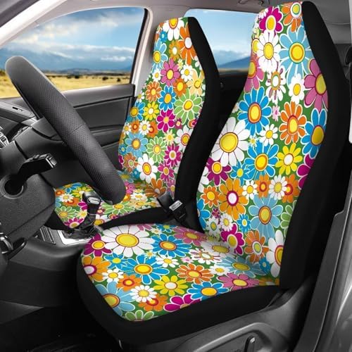 Vibrant Hippie Flower Print Car Seat Covers 4Pcs Front & Rear Breathable Seat Covers Universal Fits for Truck, Sedan, SUV Auto Interior Protector Car Accessories