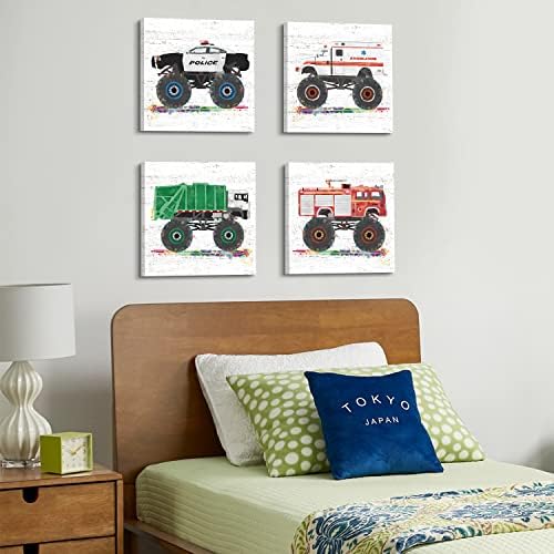 Monster Truck Room Decor Vehicles Pictures Wall Art Cartoon Car Canvas Prints for Boys Room Kids Bedroom Nursery Garbage Firetruck Ambulance Police Car Painting Artwork Home Decorations 20x20” 4 Pcs - Image 4