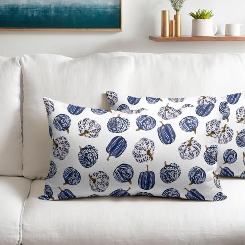 Fall Chinoiserie Pumpkin Throw Pillow Covers 12x20 Set of 2 Autumn Blue White Porcelain Thanksgiving Pillow Covers Autumn Pillowcase for Kitchen Sofa Cushion Outdoor Bedroom Decoration - Image 2