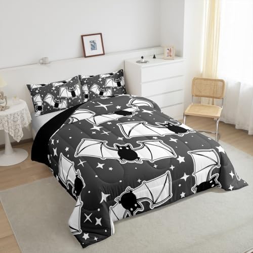 Feelyou Halloween Bedding Set for Girls Boys Kids Twin Size Black Bats Animal Print Silhouette Comforter Cover Room Decor Happy Holiday Cute Star Print Luxury Duvet Cover Gray Quilt Set - Image 2