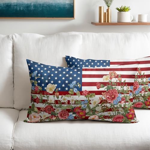 4th of July Pillow Covers 12x20 Set of 2, Patriotic Throw Pillow Covers Independence Memorial Day Pillowcase, Summer Floral Decorative Fourth of July Cushion Case Couch for Indoor Outdoor Home Decor - Image 2