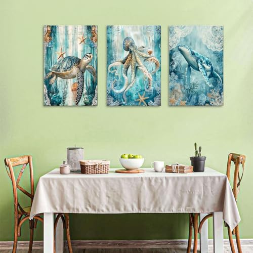 Blue Underwater World Wall Art Coastal Dolphin Decor for Bathroom Ocean Sea Turtle Marine Life Painting Beach Starfish Seascape Photo Prints Picture Nautical Artwork Nursery Home Decorations 24x36" 3P - Image 5