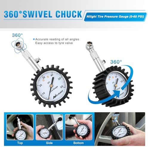 Nilight Tire Pressure Gauge 60PSI Stainless Steel Air Chucks