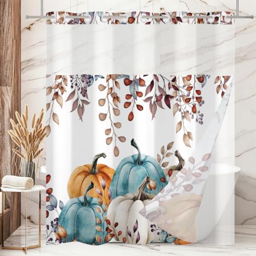 No Hook Shower Curtain with Snap in Liner, Hotel Style Watercolor Fall Autumn Leaves Colorful Pumpkins Thanksgiving Shower Curtain Waterpoof Washable with See Through Top Window,71"x86" - Image 2