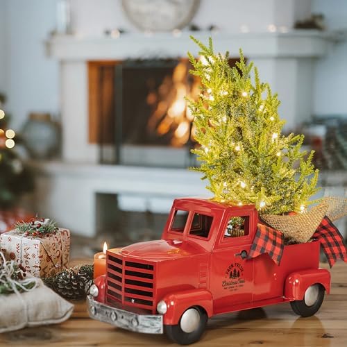 KI Store Red Truck Christmas Decor with Lights Timer 12-Inch Vintage Metal Truck with Christmas Tree for Xmas Decoration Table Centerpieces - Image 3