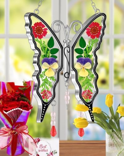 KY&BOSAM Gift for Mom Butterfly Suncatcher with Rose Flower Bouquet Set,Red - Image 4