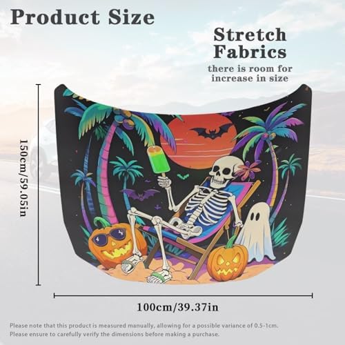 Halloween Decor Car Hood Cover, Halloween Hawaii Vacation Skeleton Washable Elastic Auto Hood Protector, Funny Ghost Pumpkin Beach Skull Car Bonnet All-Season Protection