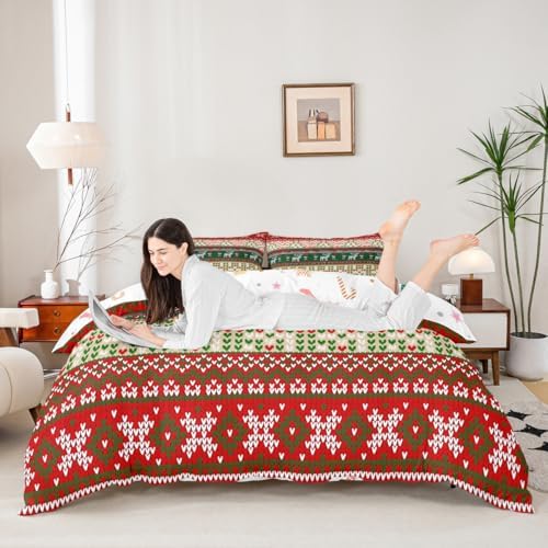 Christmas Deer Kids Duvet Cover Set Twin Size,Snowflake Love Heart Xmas Romantic Bedding Set,Girls Boys Adults Room Decor,Merry Christmas Comforter Cover,Red Green Fashion Quilt Cover,1 Pillowcase - Image 2