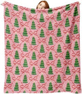 Pink Christmas Tree Bow Flannel Throw Blanket, Xmas Coquette Ribbon by ZZKOL