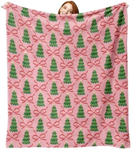 Pink Christmas Tree Bow Flannel Throw Blanket, Xmas Coquette Ribbon by ZZKOL